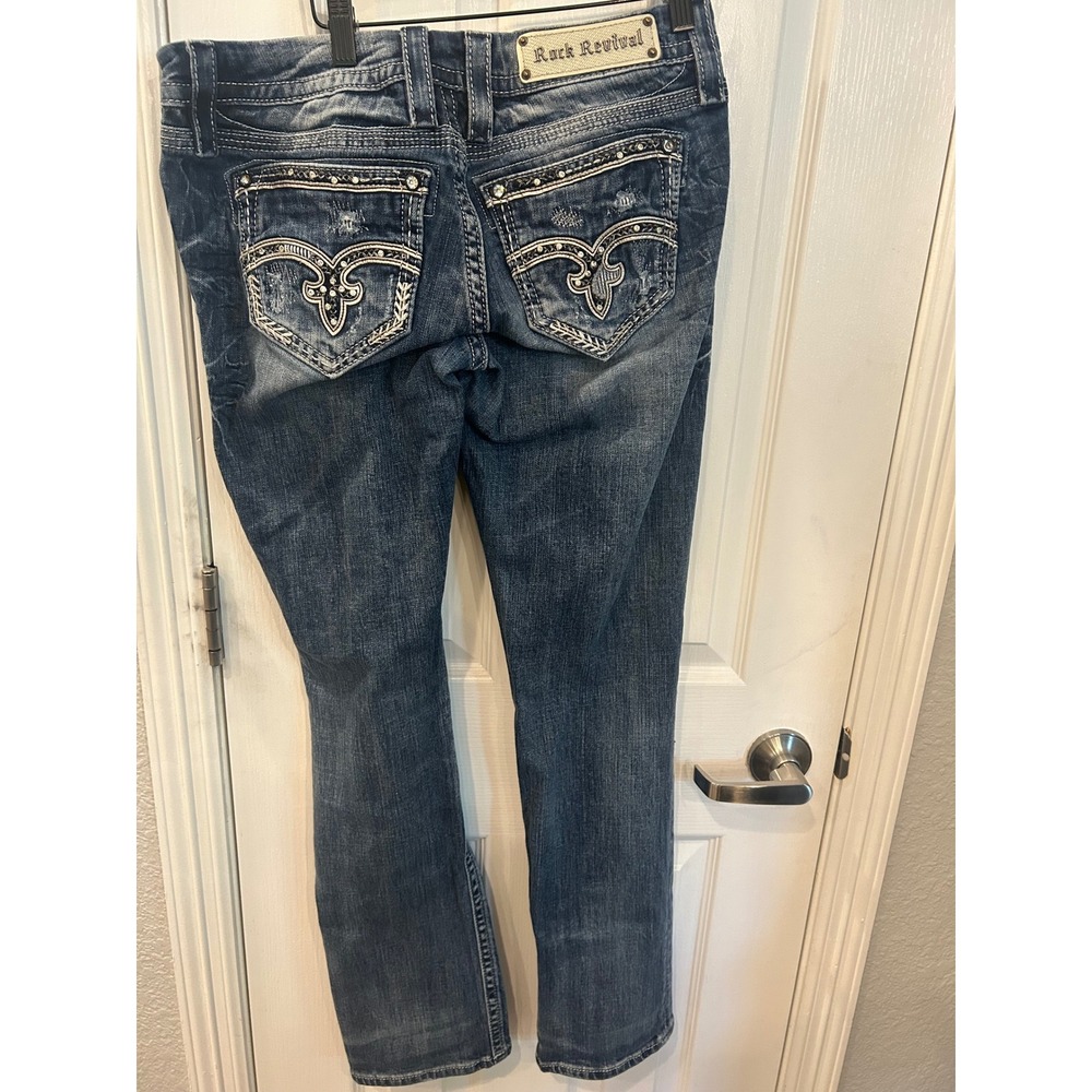 Rock Revival Straight Leg Jeans Blue Adaliz Distressed Rhinestone
